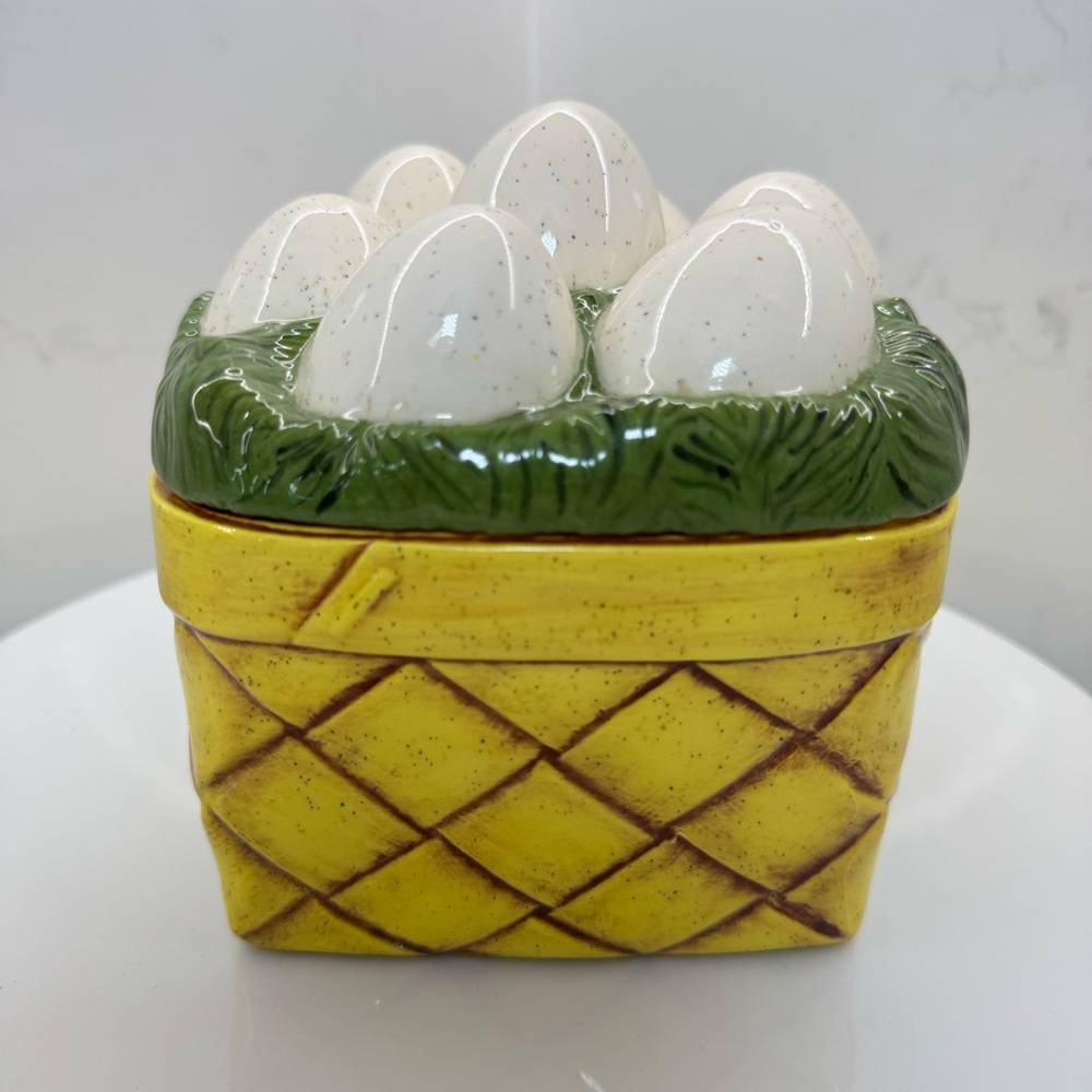 Vintage Ceramic Canister Basket Of Eggs Design Signed JB 80